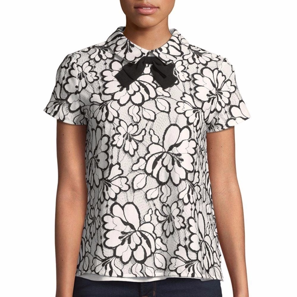 Karl Lagerfeld | Floral Lace Short Sleeve Bow Tie Top Womens Small Cap Sleeves
